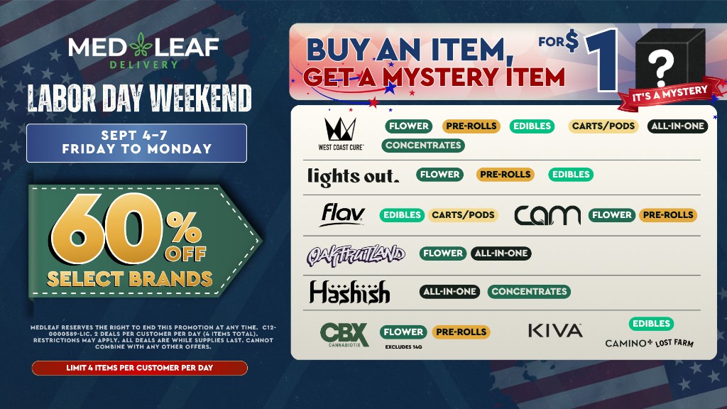 Medleaf Delivery Labor Day Weekend Sale banner (Sept 4-7). Offers include 60% off select brands like West Coast Cure, Kiva, and CBX, plus a $1 mystery item with purchase. Limit 4 items per customer per day.