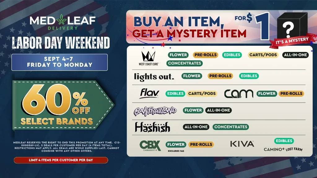Medleaf Delivery Labor Day Weekend Sale banner (Sept 4-7). Offers include 60% off select brands like West Coast Cure, Kiva, and CBX, plus a $1 mystery item with purchase. Limit 4 items per customer per day.
